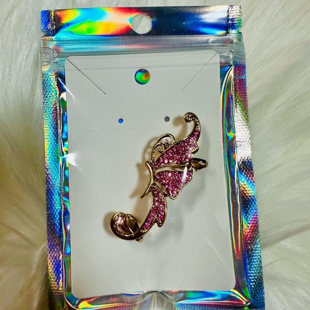 Fuchsia Butterfly Sparkling Ear Cuff Clip on Stud Wrap Earring